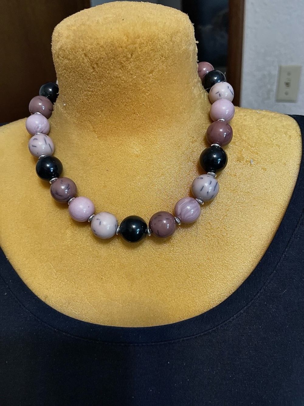 Handcrafted Pink and Black Beaded Statement Necklace